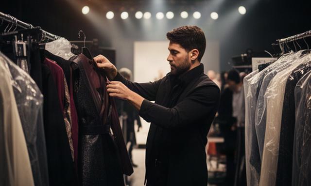 Diseñadora revisando una prenda entre focos y percheros durante el backstage de un desfile de moda