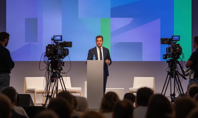 Ponente en un evento corporativo de Ibiza grabado con dos cámaras y pantalla de presentación
