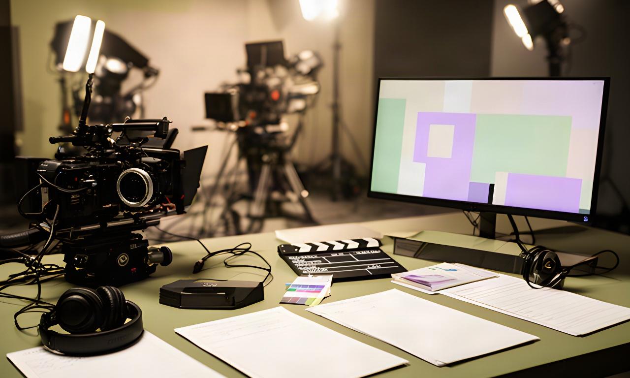 Mesa de producción con storyboard, escaleta impresa y monitor de edición en un estudio de televisión de Ibiza