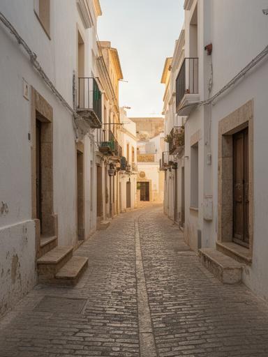 Calle empedrada de Dalt Vila en Ibiza con fachadas blancas y luz de tarde