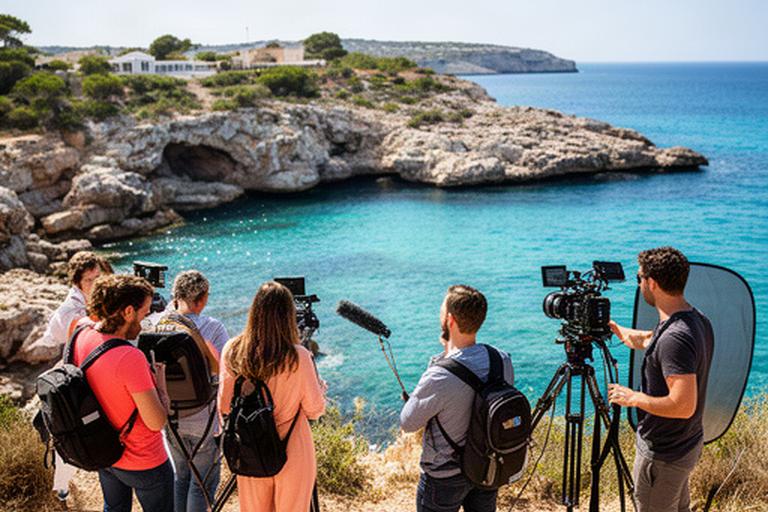 Equipo de un programa de viajes grabando junto a una costa mediterránea para el piloto Rutas con sal